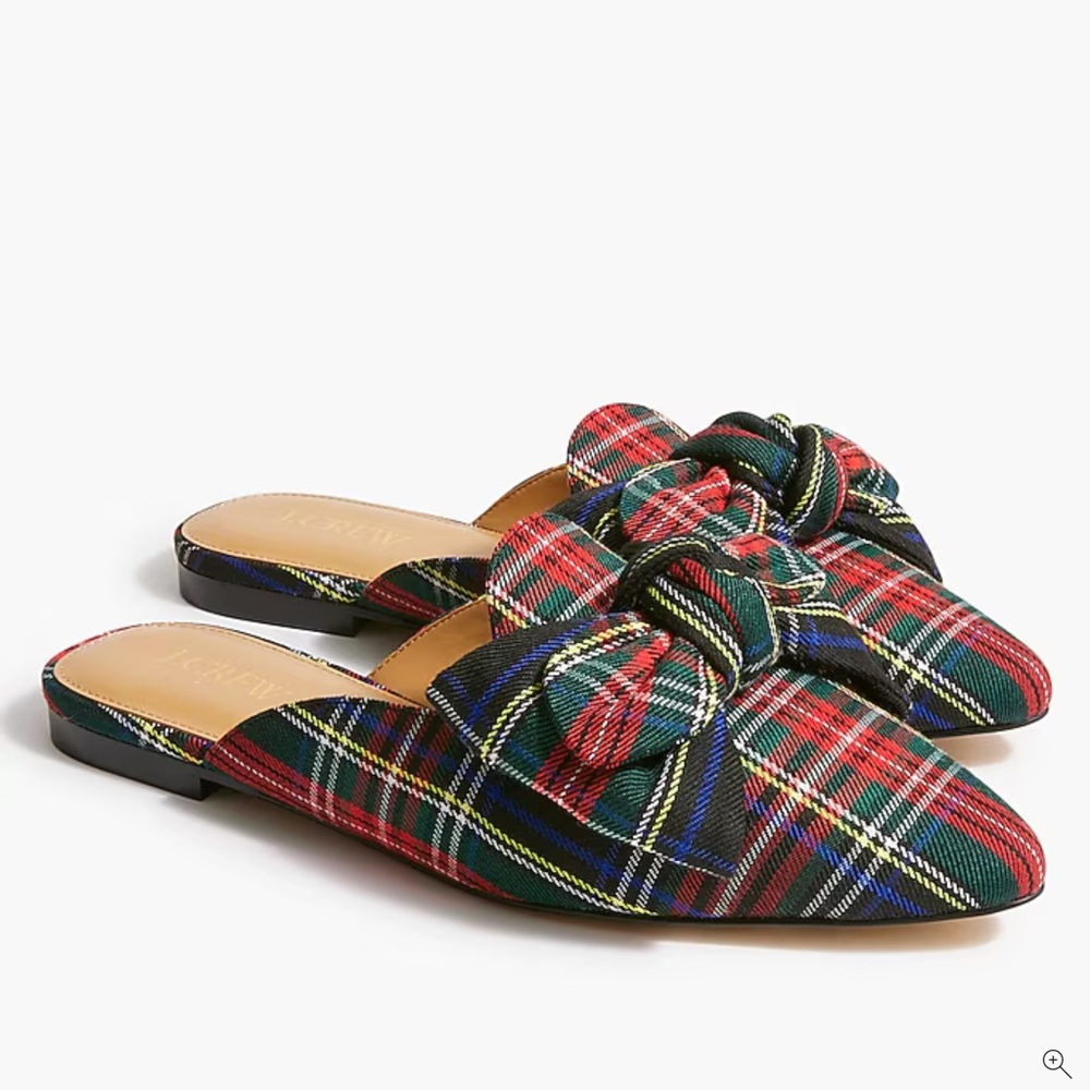 J. Crew Factory Multicolor Plaid Mules with Bow